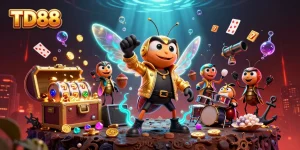 TD88 slot game excitement with 3D rock star cicada character and vibrant gaming elements