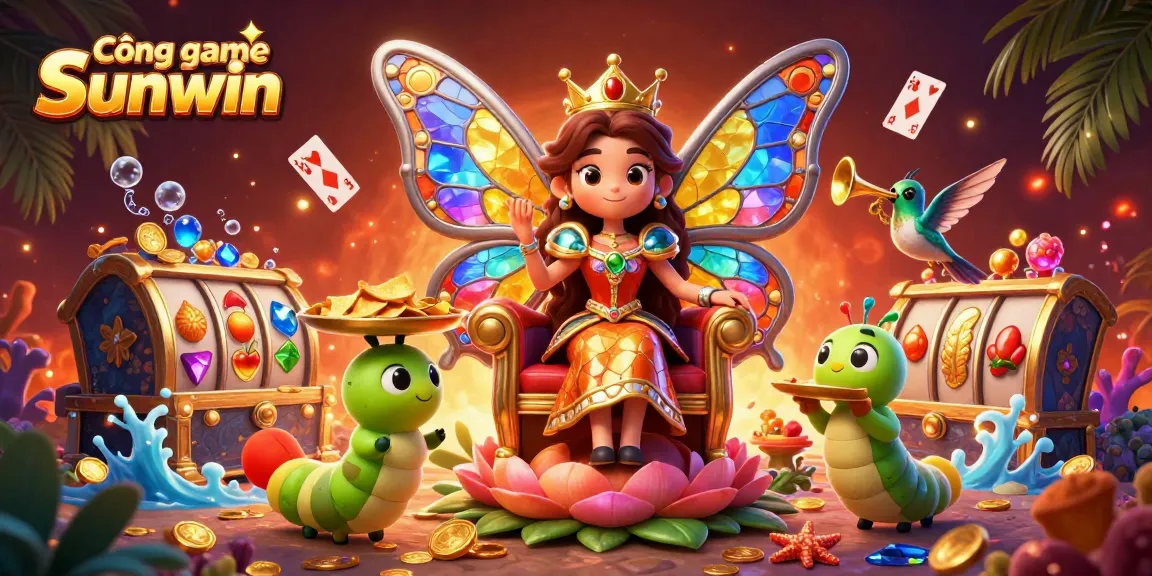 Cổng game Sunwin features a vibrant scene with a butterfly queen amidst golden treasures and dynamic gameplay elements.