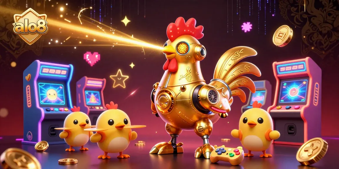 Experience excitement with ALO8's vibrant gaming world as golden rooster robot engages amidst arcade vibes.