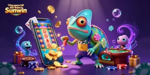 Cổng game bài đổi thưởng Sunwin showcases a vibrant scene of a chameleon casino owner amidst gaming elements in a dynamic casino environment.