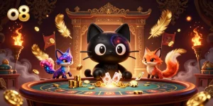 Engage with the vibrant o8 cosmic casino scene featuring enchanting characters and dynamic gambling elements.