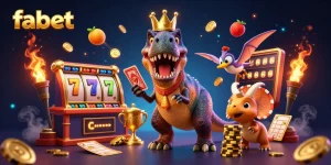Join fabet's exciting casino game scene featuring a T-Rex, cards, and golden chips!