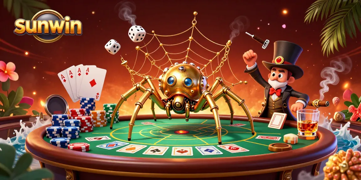 Engage with sunwin's thrilling gambling scene, featuring a steampunk spider and poker elements.