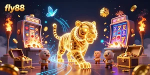 Experience thrill and excitement at fly88 with neon characters and stunning jackpot fireworks in a vibrant casino scene.
