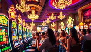 Permainan pgbet slot dengan pemain yang merayakan kemenangan di dalam kasino.