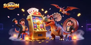 SUNWIN combines a playful pachycephalosaurus and casino manager in a jackpot frenzy amidst vibrant casino visuals.