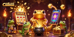 Experience thrilling action at credit card casinos with an alchemist transforming metals into gold amidst jackpot excitement.