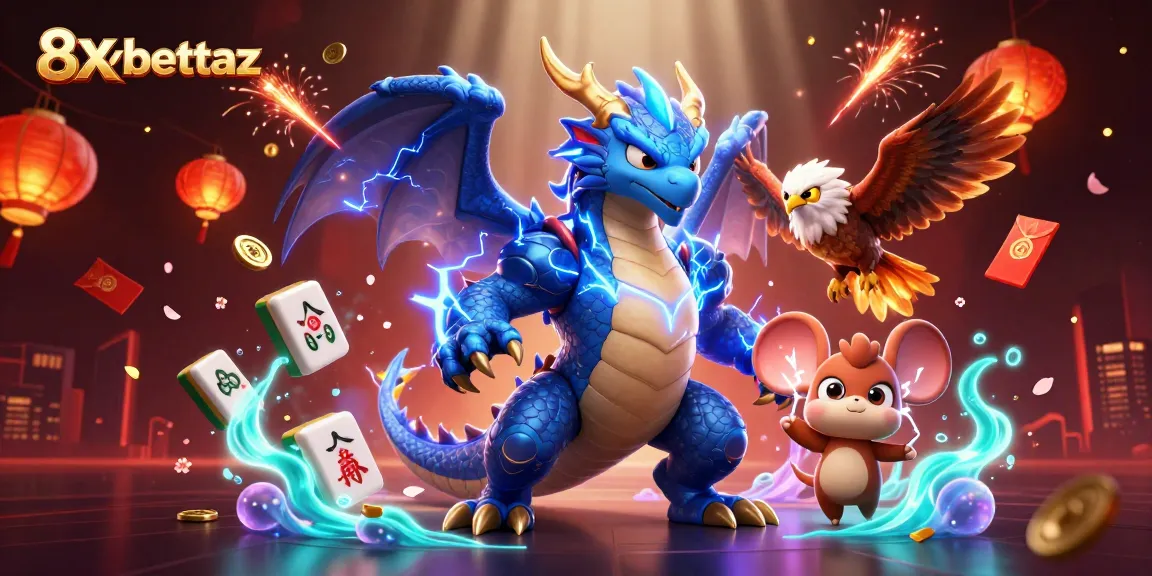 Experience 8xbettaz thrills with vibrant 3D dragon, hawk, and thunder mouse amidst colorful casino elements.
