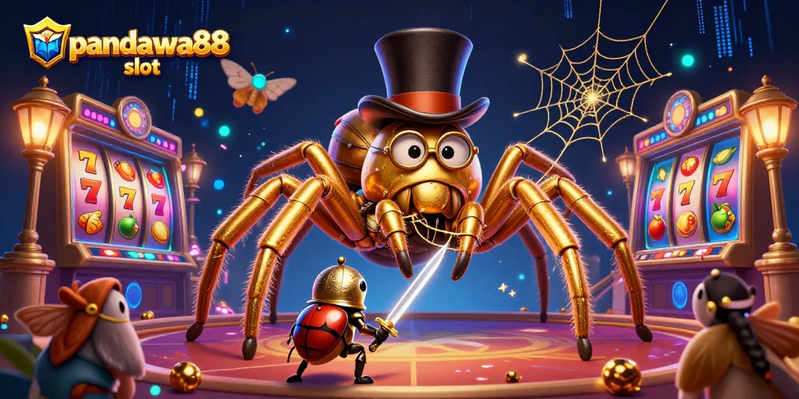 Panda88 slot features a golden tarantula with a beetle knight in a vibrant casino scene