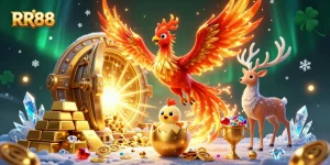 RR88 players engaging with a phoenix and stag amid a vibrant casino treasure scene.