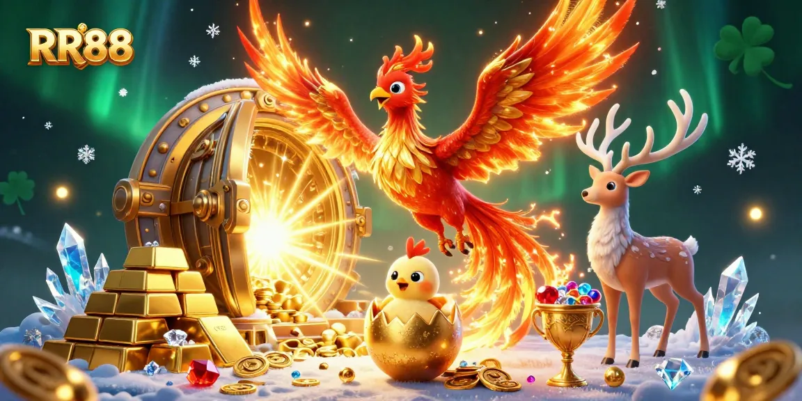 RR88 players engaging with a phoenix and stag amid a vibrant casino treasure scene.