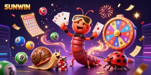 SUNWIN engages players with a vibrant casino scene featuring a millipede dealer, exciting prize elements, and dynamic celebration effects.